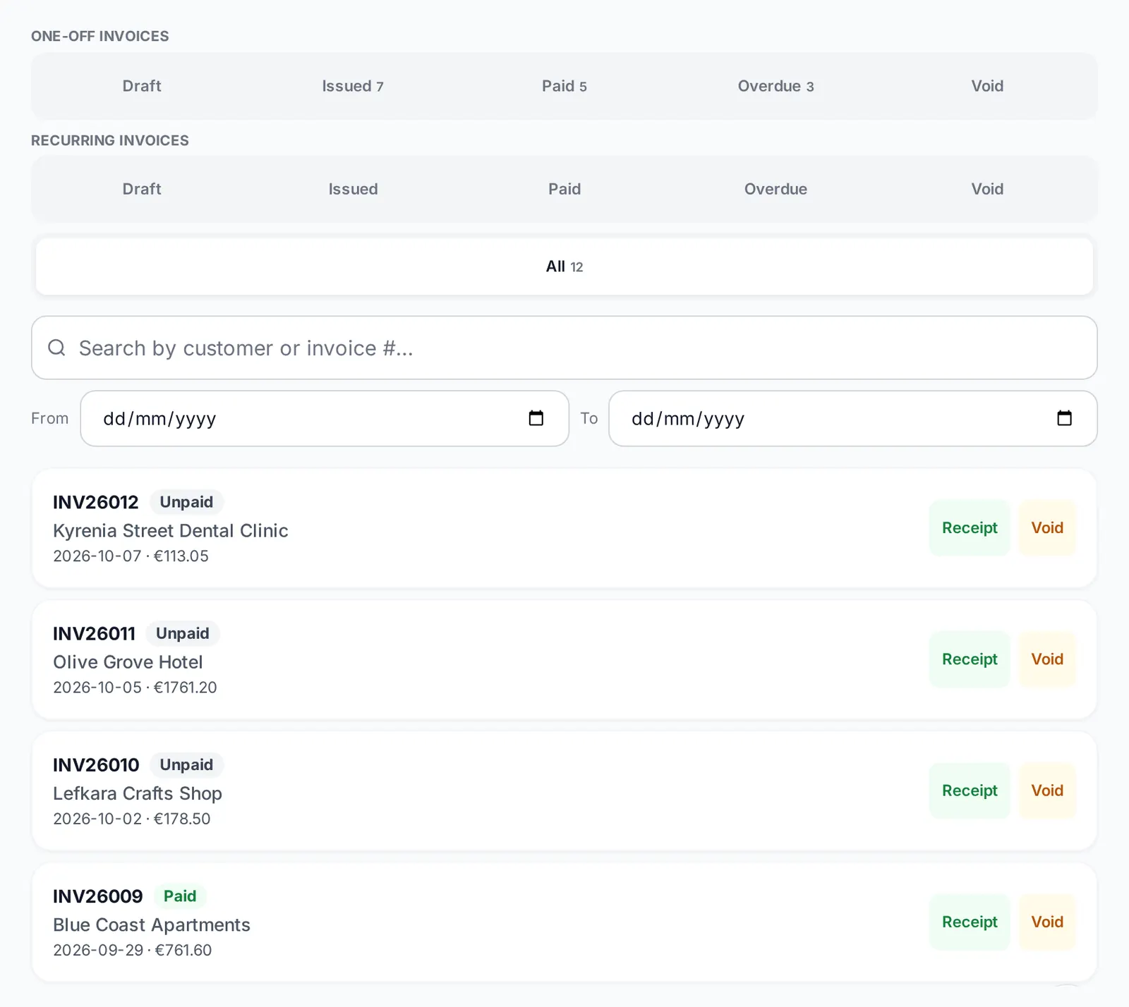 CySo Flow invoice list for a demo company, with paid and unpaid invoices