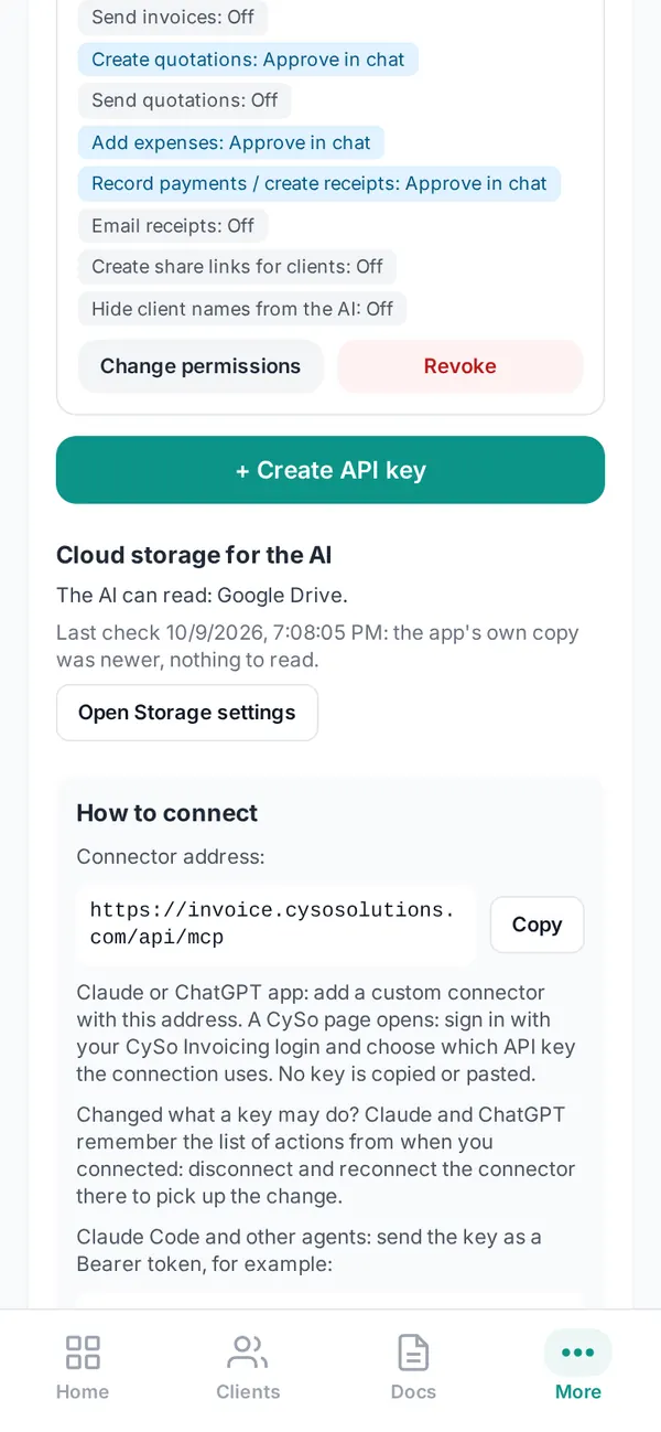 CySo Invoicing settings listing what an AI connector key may do: allowed, off, or approve in chat