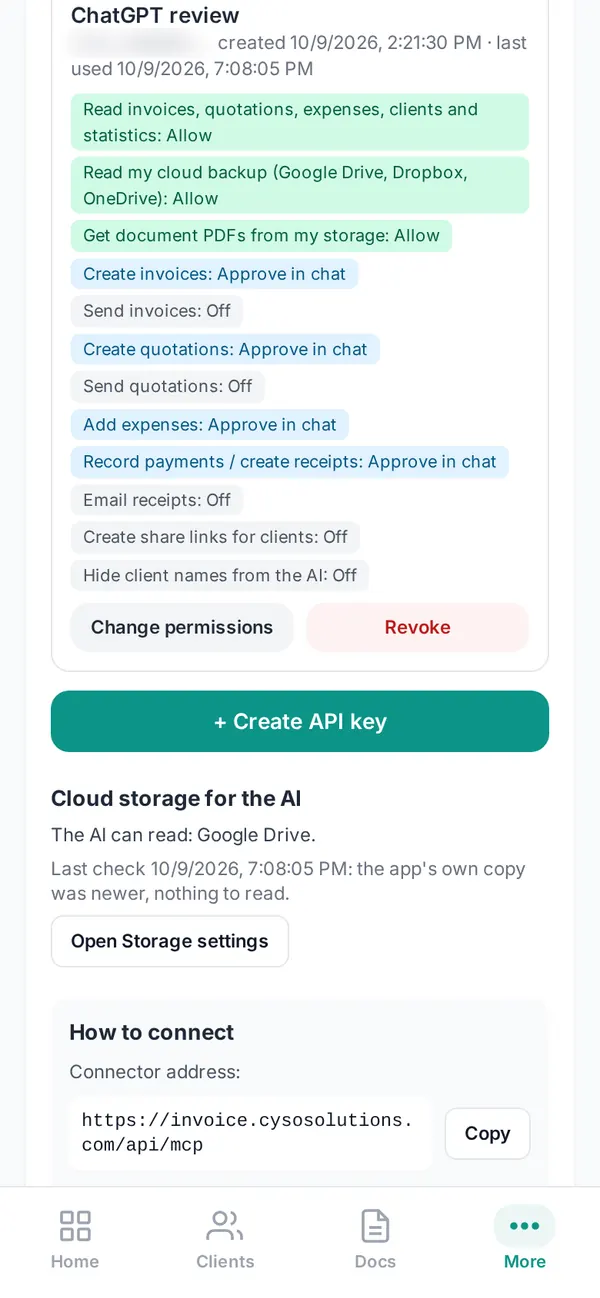 Invoicing settings screen listing an AI connector key and its permissions