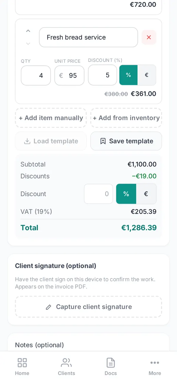 Invoice for Seaview Hotel showing subtotal, discount, VAT at 19% and the total