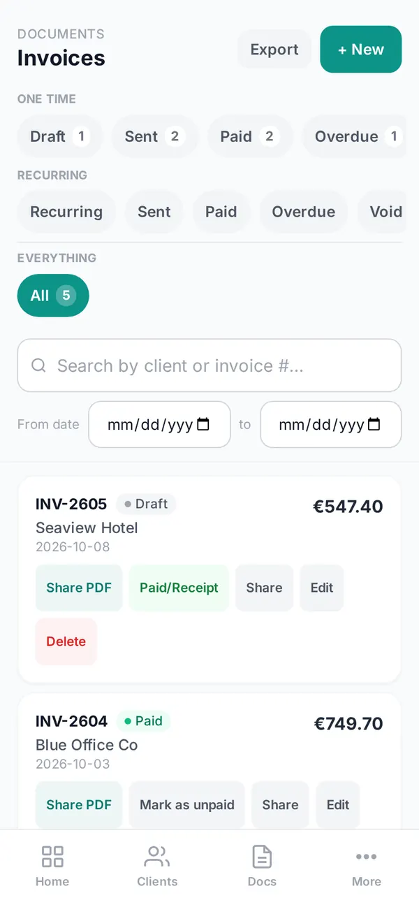 Invoice list with paid and outstanding invoices