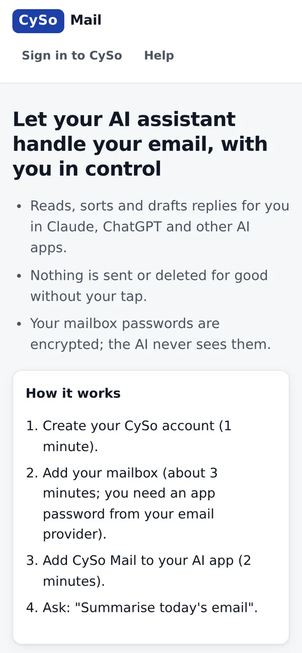 CySo Mail Cloud start page on a phone
