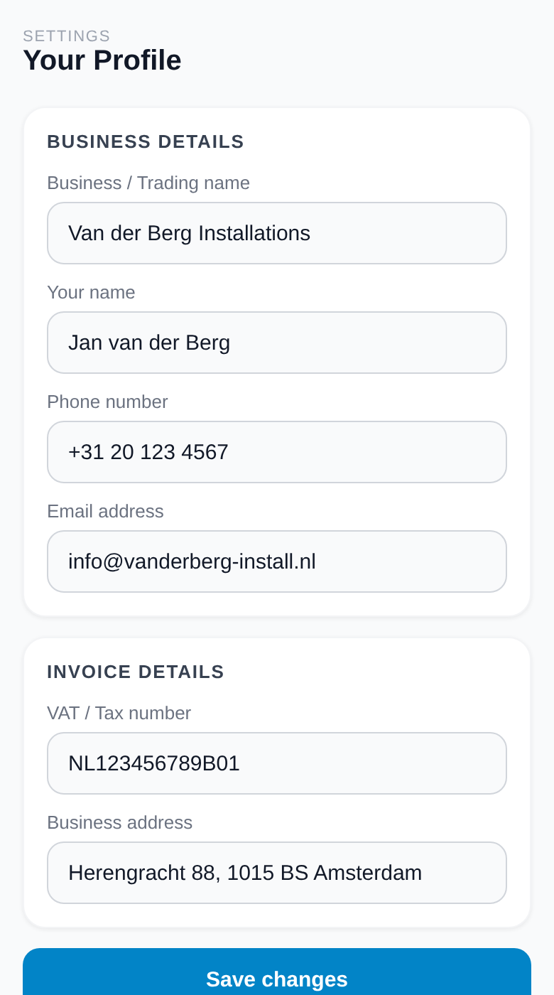 Settings Business Profile