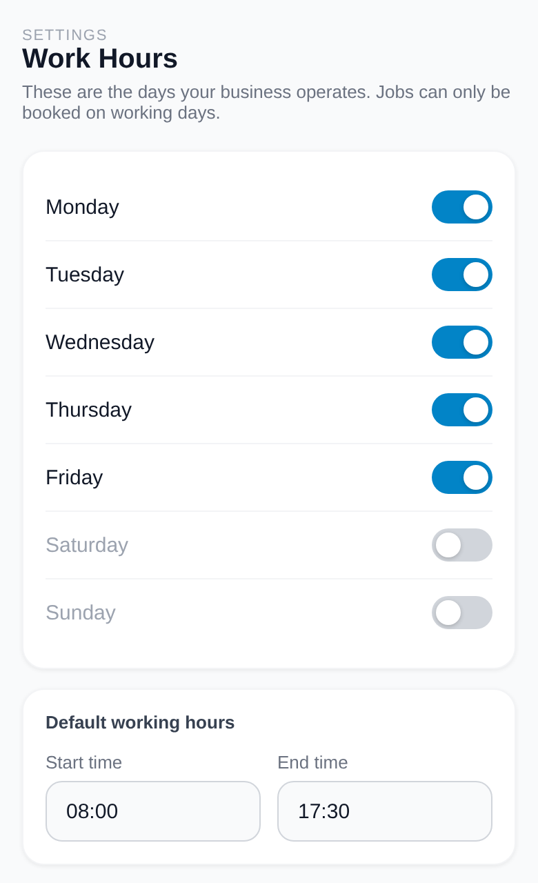 Settings Work Hours