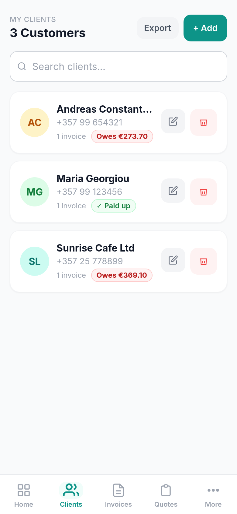 CySo Invoicing customers screen