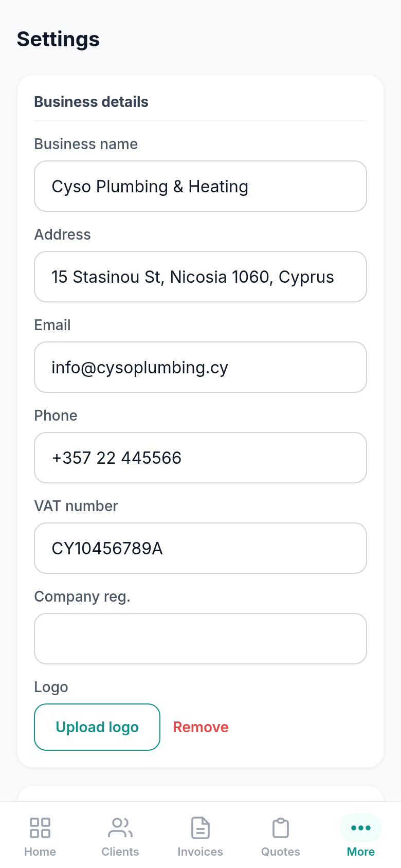 CySo Invoicing settings screen